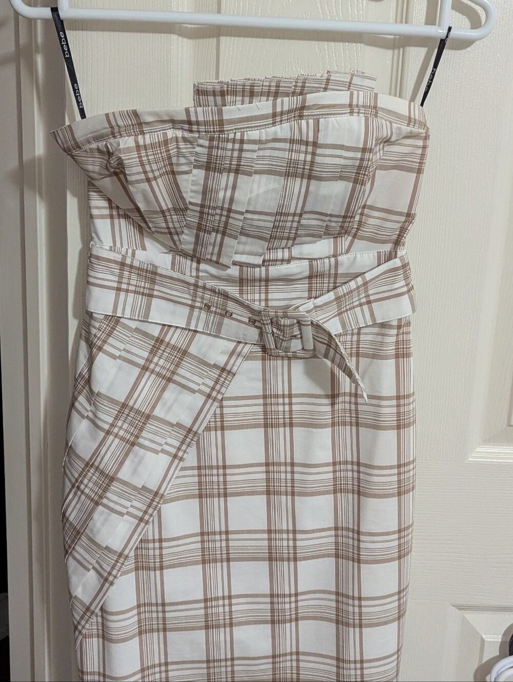 2B Bebe Strapless Plaid Midi Dress - White & Tan